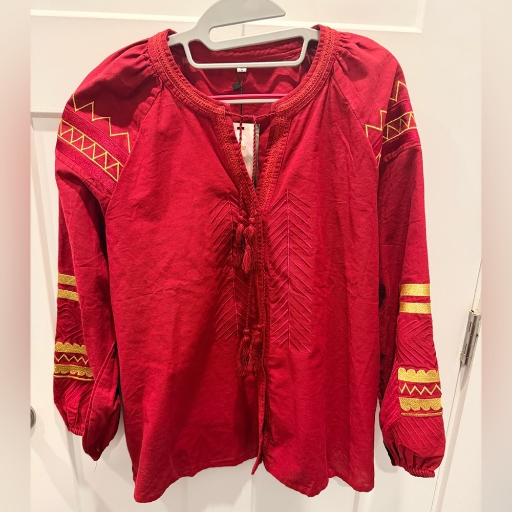 Boho artist Red Embroidered Boho Peasant Top Tassel Tie Large New!